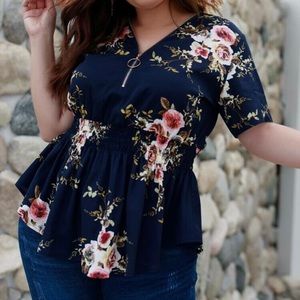 Zipper Floral Print Shirred Blouse
